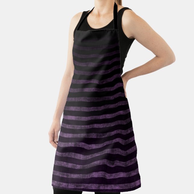 Black and Purple Grunge Ombre Stripes Apron (Insitu)