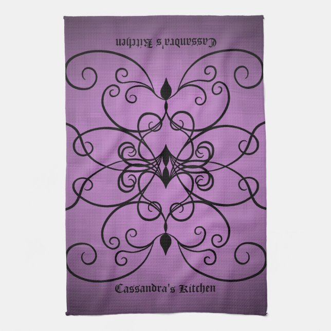 Black and purple hearts and swirls personalised tea towel (Vertical)