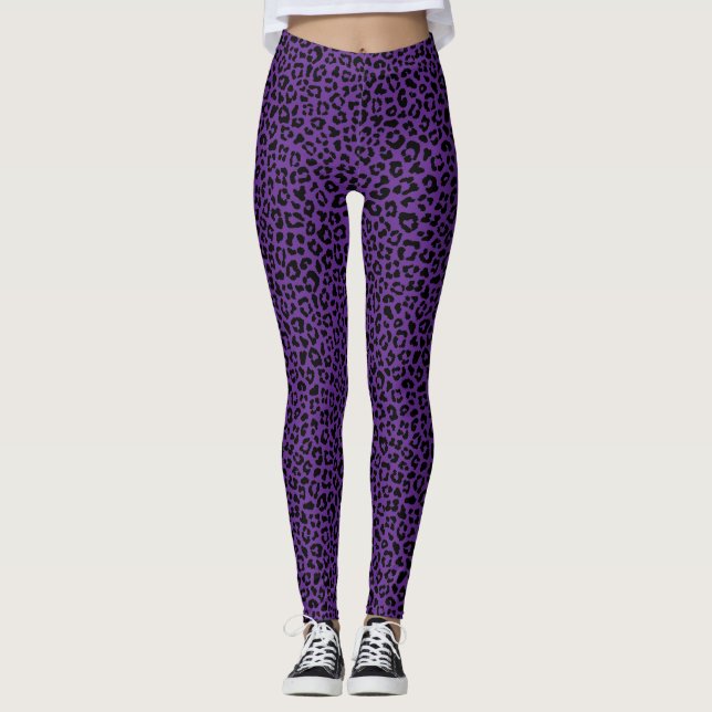 Black and purple Leopard Print Fun Safari Pattern Leggings (Front)