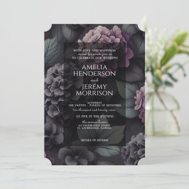Black and Purple Moody Floral with Details Invitation (Standing Front)