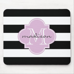 Black and Purple Nautical Stripes Custom Monogram Mouse Pad