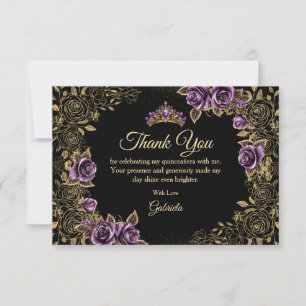 Black and Purple Quinceañera Golden Tiara Roses Thank You Card