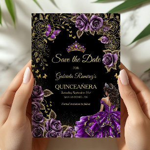 Black and Purple Quinceañera Golden Tiara Save The Date