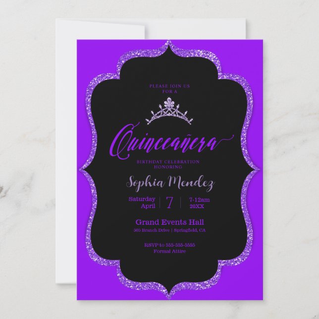 Black and purple Quinceanera Invitation (Front)