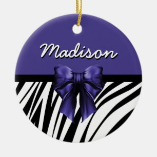 Black and Purple Ribbon Bow Zebra Print Ceramic Tree Decoration