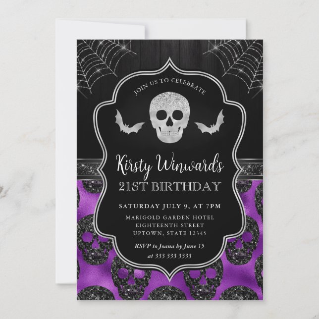 Black and Purple Skull and Cobwebs 21st Birthday Invitation (Front)