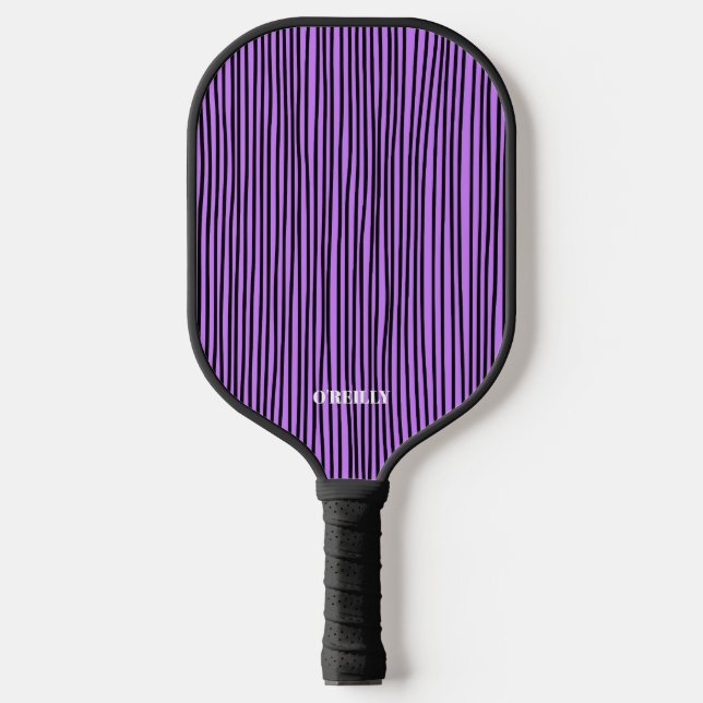 Black and Purple Stripe Pattern Modern Monogram Pickleball Paddle (Front)