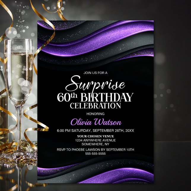 Black and Purple Surprise 60th Birthday Party Invitation (Creator Uploaded)