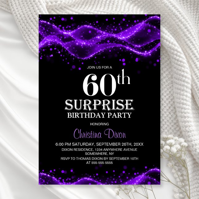 Black and Purple Surprise 60th Birthday Party Invitation (Creator Uploaded)