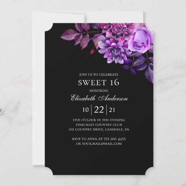 Black and purple Sweet 16. Floral 16th birthday Invitation (Front)