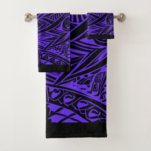 Black And Purple Tribal Abstract Bath Towel Set (Insitu)