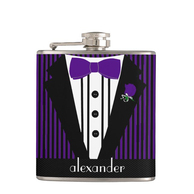 Black and Purple Tuxedo- Groomsmen Gift Hip Flask (Front)