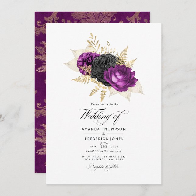 Black and Purple Vintage Floral Wedding Invitation (Front/Back)