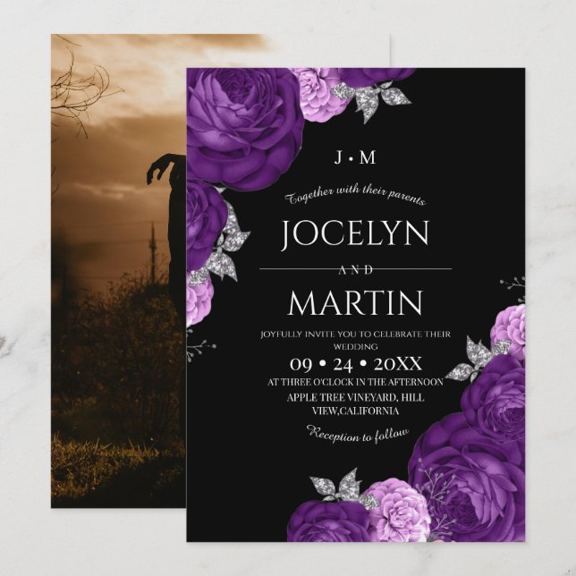 Black and Purple Whimsical Flora Wedding  Invitation (Front/Back)