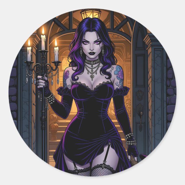 Black and Purple Witch with Candelabra Halloween Classic Round Sticker (Front)