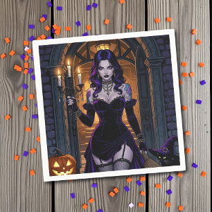 Black and Purple Witch with Candelabra Halloween Napkin