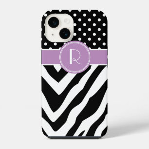 Black and Purple Zebra Polka Dots Monogram iPhone 14 Case