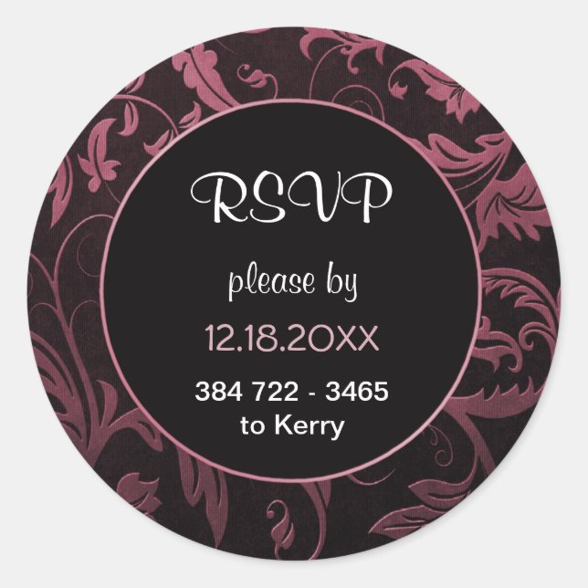 Black and Raspberry Pink Damask Wedding  - RSVP Classic Round Sticker (Front)