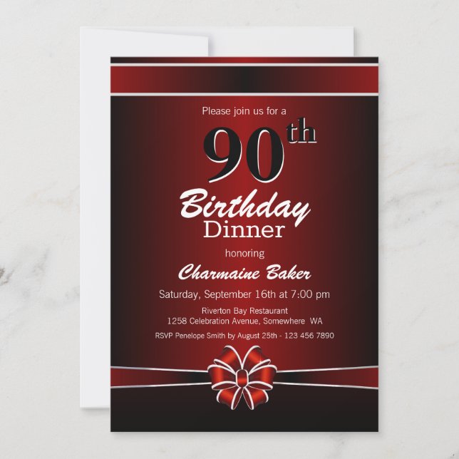 Black and Red 90th Birthday Dinner Party Invitation (Front)