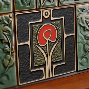 Black and Red Abstract Flower Mid-Century Tile