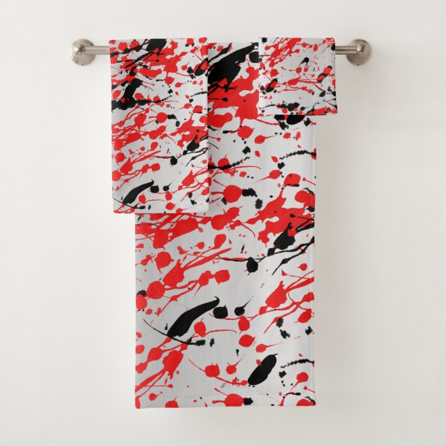Black and Red Abstract Splash and Drip Bath Towel Set (Insitu)