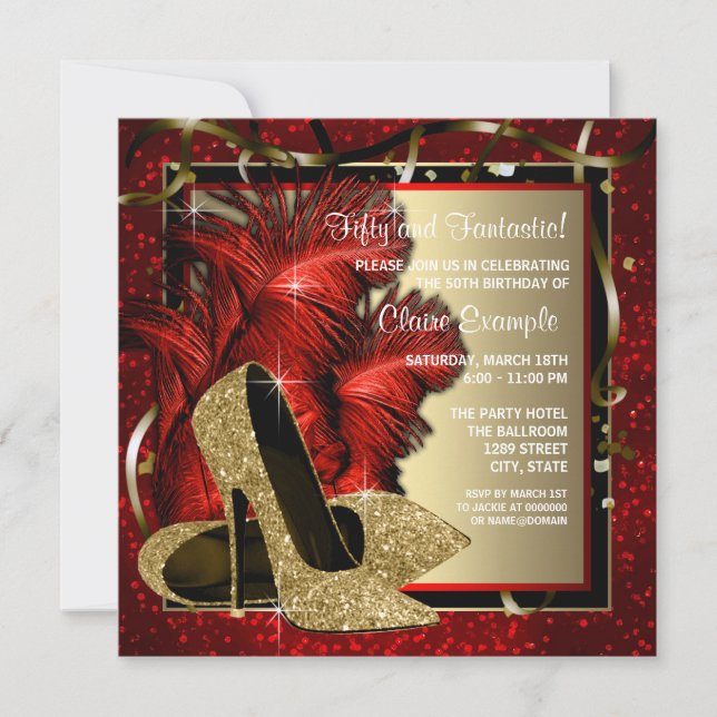 Black and Red and Gold High Heels Birthday Party Invitation (Front)