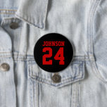 Black and Red Athlete Name Jersey Number 7.5 Cm Round Badge<br><div class="desc">Cheer on your favourite sports team, football player or just show off your school pride with a custom personalised spirit button! Add your school name or personalise with a player's name and jersey number. Perfect for football, basketball, baseball and soccer games! Create custom pins for the whole team, cheerleaders, parents...</div>