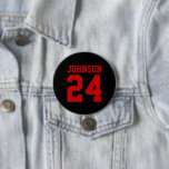 Black and Red Athlete Name Jersey Number 7.5 Cm Round Badge<br><div class="desc">Cheer on your favourite sports team, football player or just show off your school pride with a custom personalised spirit button! Add your school name or personalise with a player's name and jersey number. Perfect for football, basketball, baseball and soccer games! Create custom pins for the whole team, cheerleaders, parents...</div>