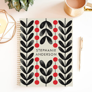 Black and Red Botanical Leaves Berries Custom Name Planner