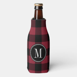 Black and Red Buffalo Check Monogram Bottle Cooler