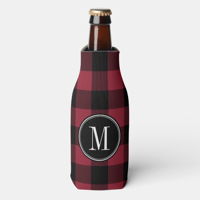 Black and Red Buffalo Check Monogram Bottle Cooler (Bottle Front)