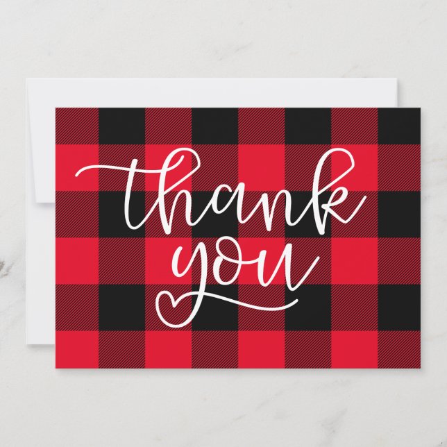 Black and Red Buffalo Plaid Heart Thank You Card (Front)