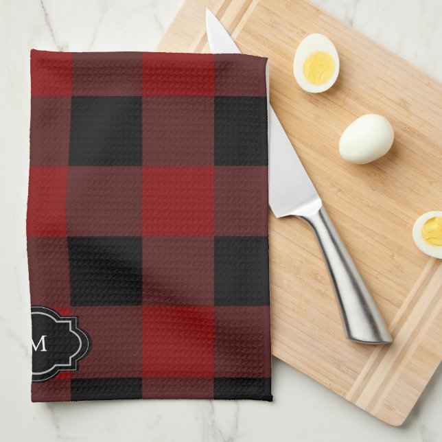 Black and red buffalo plaid monogrammed tea towel (Quarter Fold)