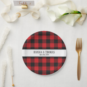 Black and Red Buffalo Plaid Rustic Wedding Paper Plate