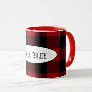 black and red buffalo plaid with name mug