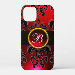 BLACK AND RED BURGUNDY DAMASK MONOGRAM,Ruby iPhone 12 Mini Case