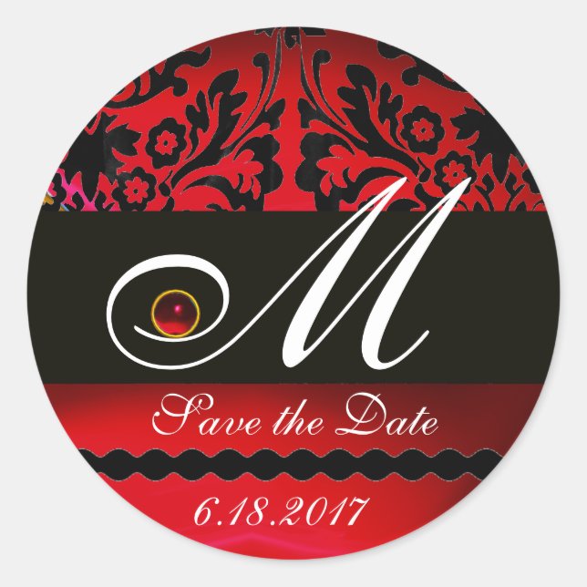 BLACK AND RED BURGUNDY  DAMASK MONOGRAM, Ruby Classic Round Sticker (Front)