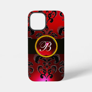 BLACK AND RED BURGUNDY DAMASK MONOGRAM,Ruby iPhone 12 Mini Case