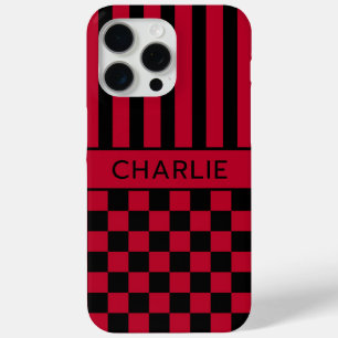 Black and Red Checkered Striped Personalized iPhone 15 Pro Max Case