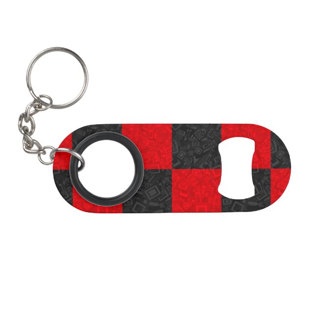 Black and Red Chequered Bottle Opener Keychain (Front (Horizontal))