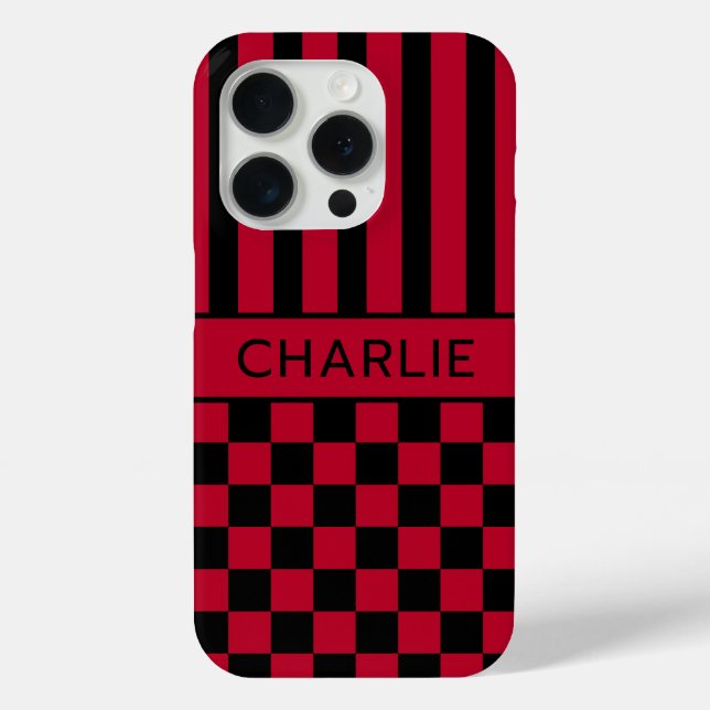 Black and Red Chequered Striped Personalised Case-Mate iPhone Case (Back)