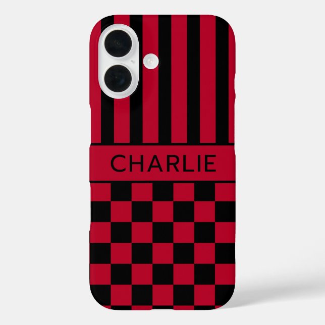 Black and Red Chequered Striped Personalised Case-Mate iPhone Case (Back)