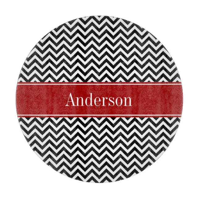 Black and Red Chevron Pattern Personalised Cutting Board (Front)