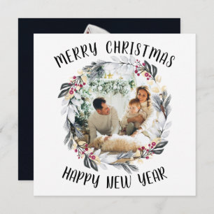 Black and Red Christmas Wreath Photo Holiday Card