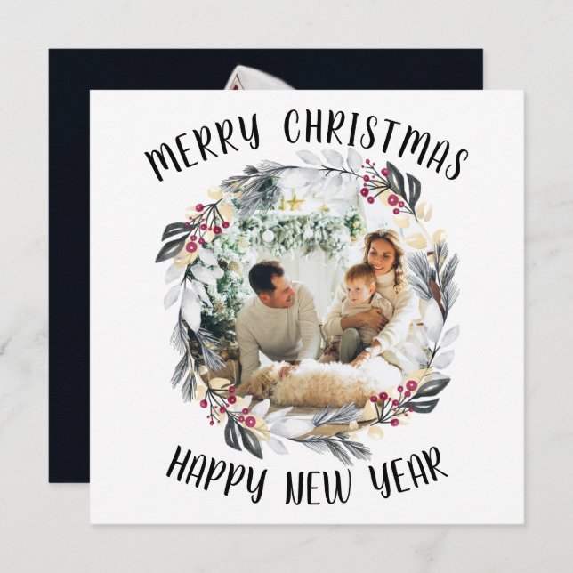 Black and Red Christmas Wreath Photo Holiday Card (Front/Back)