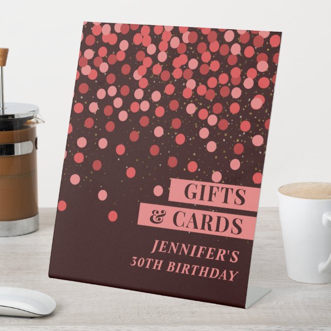 Black and Red Confetti Birthday Gifts and Cards Pedestal Sign (In SItu)