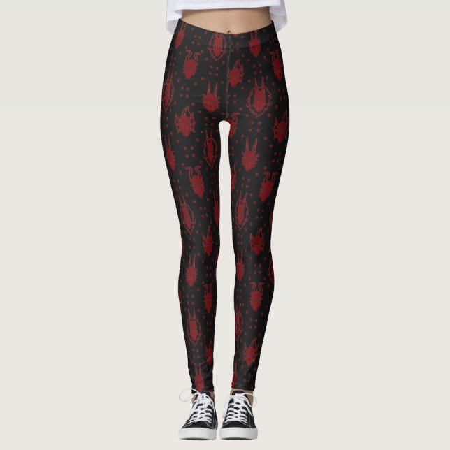 Black and Red Crimson Fantasy Dragon Dot Pattern Leggings (Front)