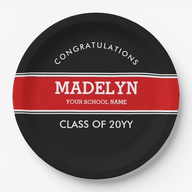 Black and Red Custom Graduation Paper Plate (Front)