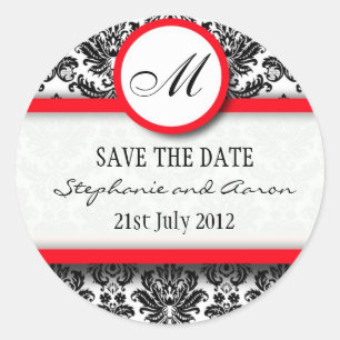 Black and Red Damask Monogram Wedding Sticker