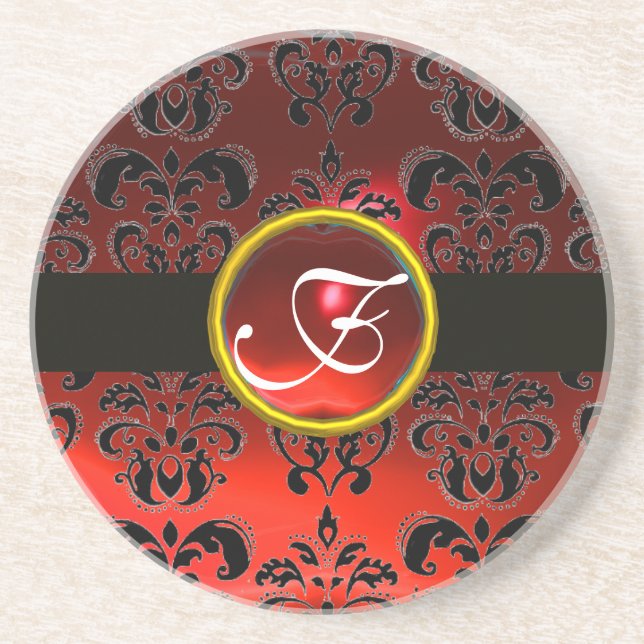 BLACK AND RED DAMASK RUBY Monogram Coaster (Front)